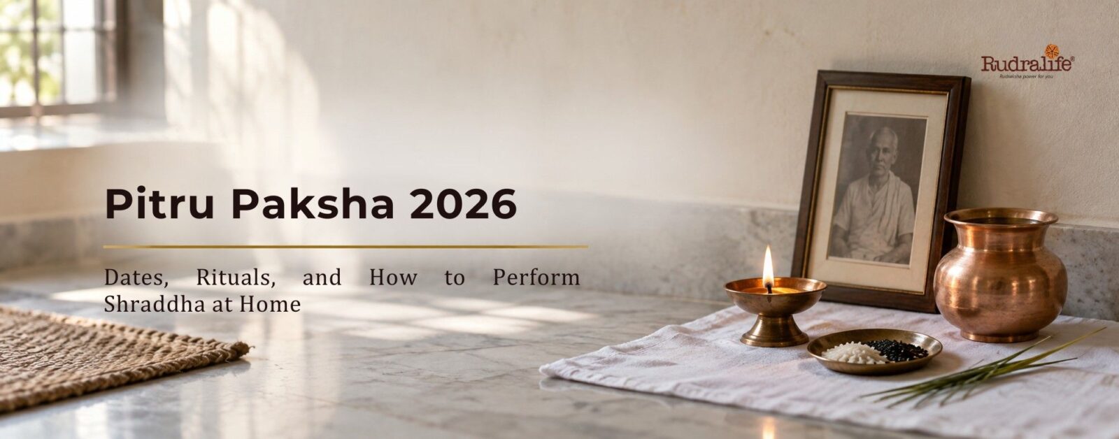 Shraddha setup with diya, kalash and ancestor's photograph for Pitru Paksha 2026