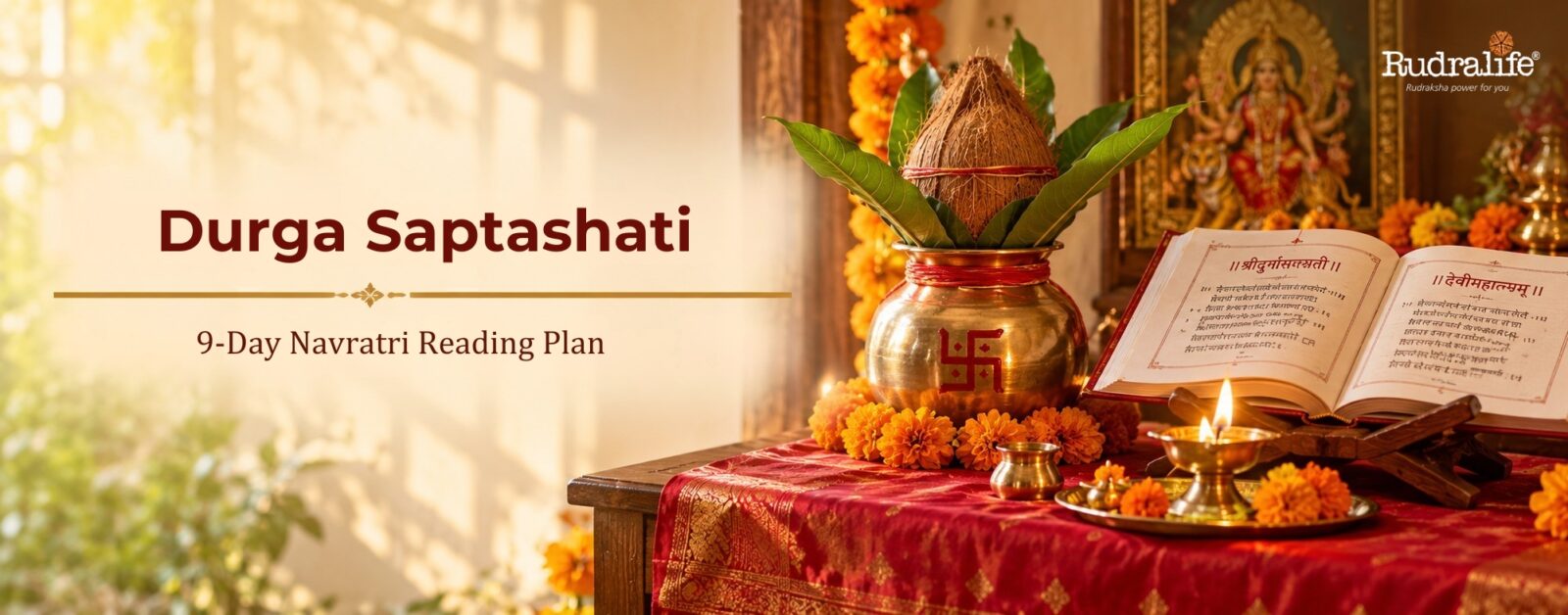 Durga Saptashati in 9 days Navratri reading plan featured header image with sacred book and Ghatasthapana Kalash