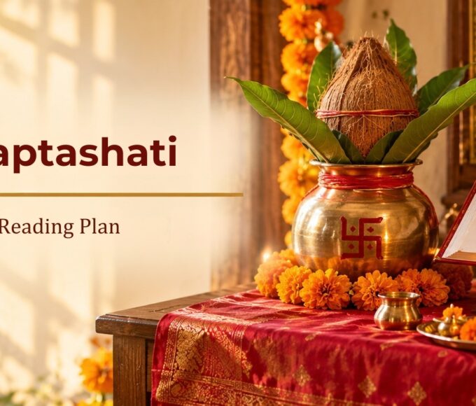 Durga Saptashati in 9 days Navratri reading plan featured header image with sacred book and Ghatasthapana Kalash