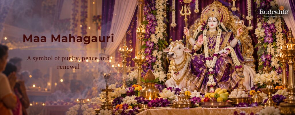 Navdurga Maa Mahagauri seated on a white bull with flowers, diyas and traditional Navratri offerings