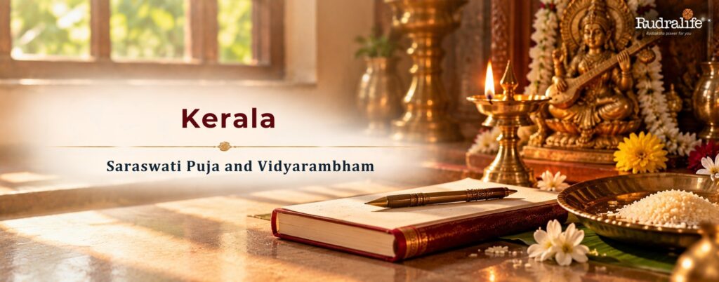Vidyarambham setup with book, pen and Saraswati, Navratri celebrations across India