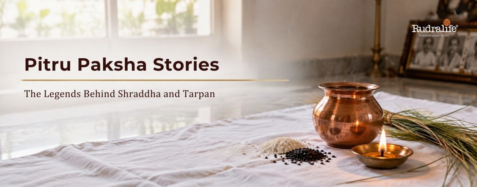 Shraddha setup with kalash, kusha grass and black sesame for Pitru Paksha stories