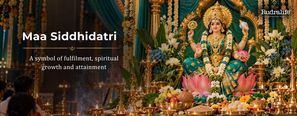 Navdurga Maa Siddhidatri seated on a lotus with traditional flowers, diyas and puja offerings