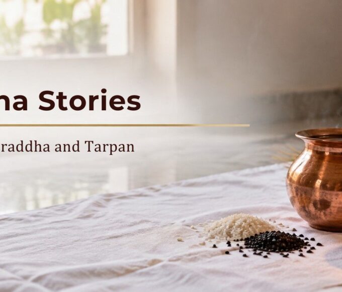 Shraddha setup with kalash, kusha grass and black sesame for Pitru Paksha stories