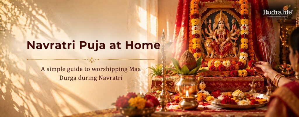 Navdurga Navratri puja at home with Maa Durga idol, diya and traditional offerings