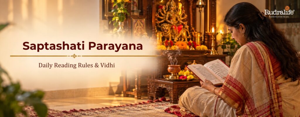Woman performing Durga Saptashati in 9 days Parayana following daily reading rules and Vidhi at home shrine