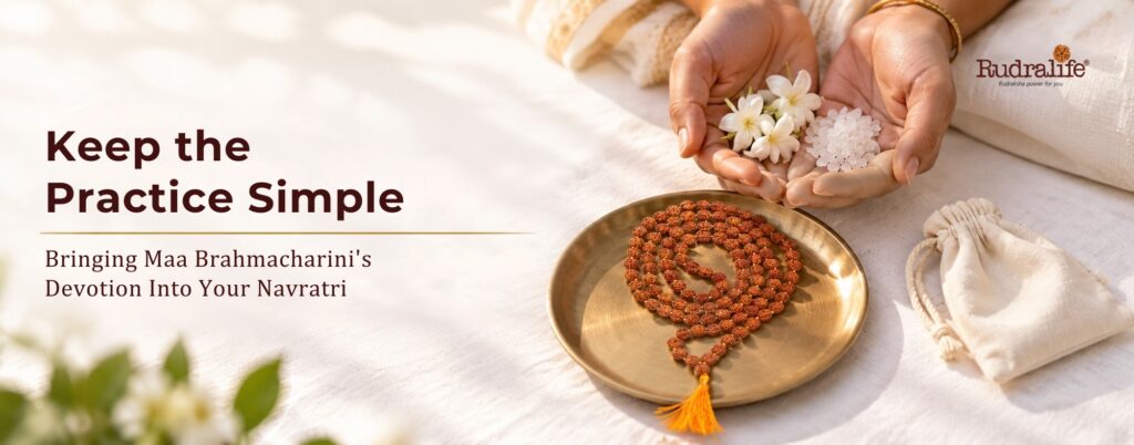 Rudraksha for Navratri japa mala with white flowers and sugar offerings