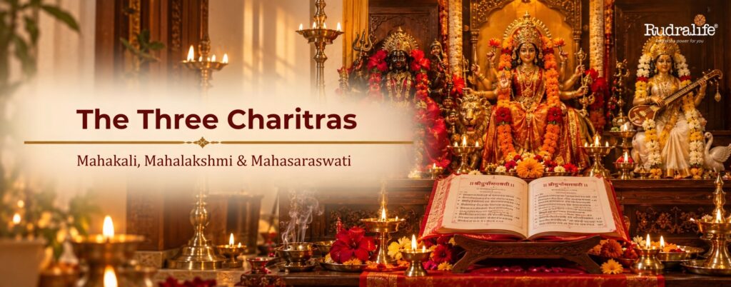 The Three Charitras of Durga Saptashati in 9 days showing Mahakali, Mahalakshmi, and Mahasaraswati deities