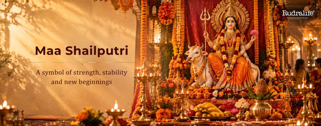 Navdurga Maa Shailputri seated on Nandi during Navratri worship