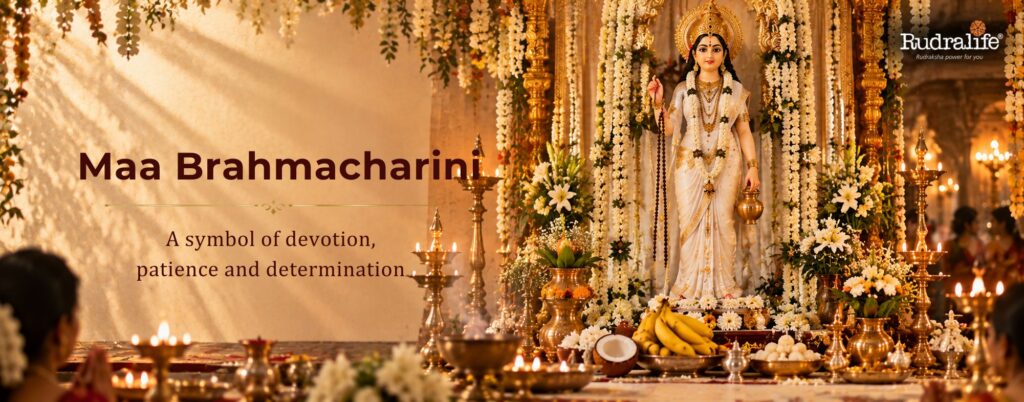 Navdurga Maa Brahmacharini in white attire during Navratri worship