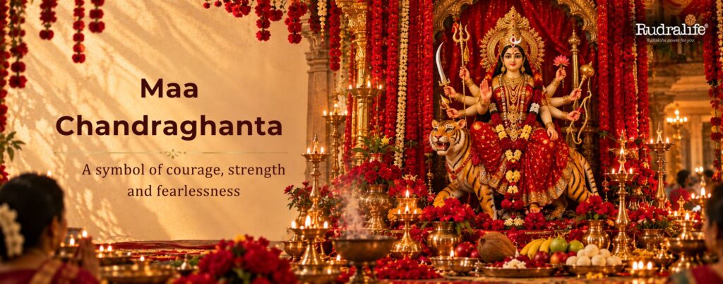 Navdurga Maa Chandraghanta seated on a tiger during Navratri worship