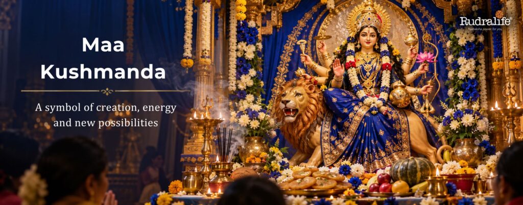 Navdurga Maa Kushmanda seated on a lion during Navratri worship