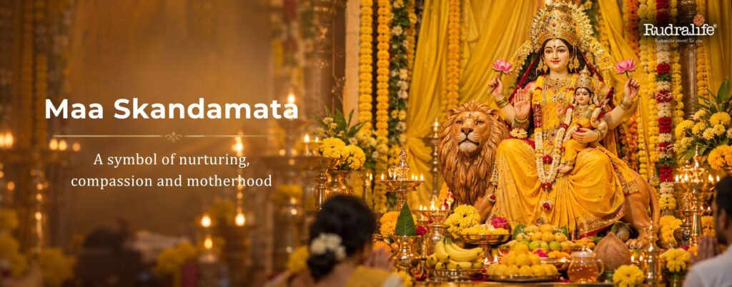 Navdurga Maa Skandamata seated with Lord Skanda, surrounded by flowers and traditional Navratri puja offerings