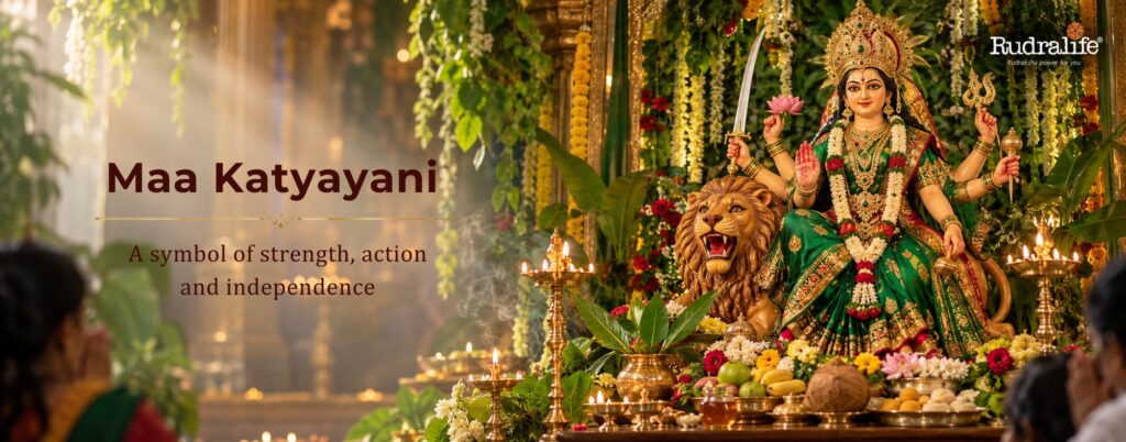 Navdurga Maa Katyayani seated on a lion with traditional puja decorations and offerings