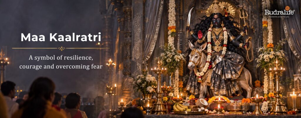 Navdurga Maa Kaalratri riding a donkey in her fierce form, surrounded by traditional lamps and flowers