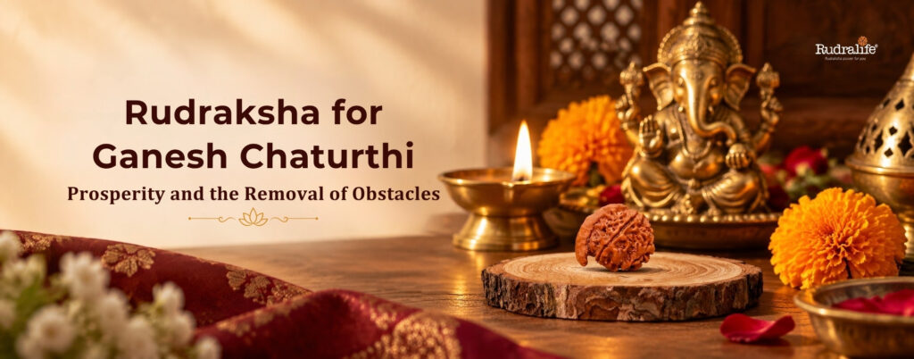 Eight Mukhi and Ganesh Rudraksha Rudraksha before a Ganesha idol on Ganesh Chaturthi 2026