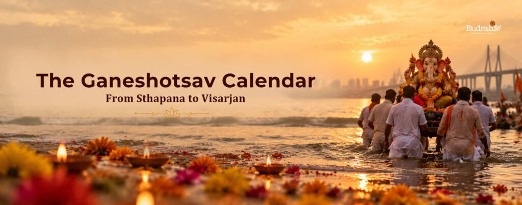 Ganesh Visarjan procession at sunset, closing Ganesh Chaturthi 2026