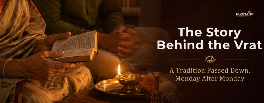 Reading the vrat katha by lamplight during Solah Somvar Vrat