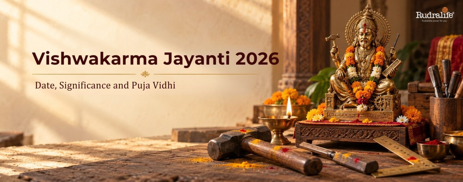 Vishwakarma Jayanti 2026 puja with Lord Vishwakarma idol, tools and diya