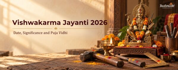 Vishwakarma Jayanti 2026 puja with Lord Vishwakarma idol, tools and diya