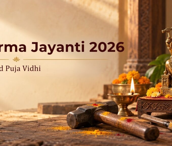 Vishwakarma Jayanti 2026 puja with Lord Vishwakarma idol, tools and diya