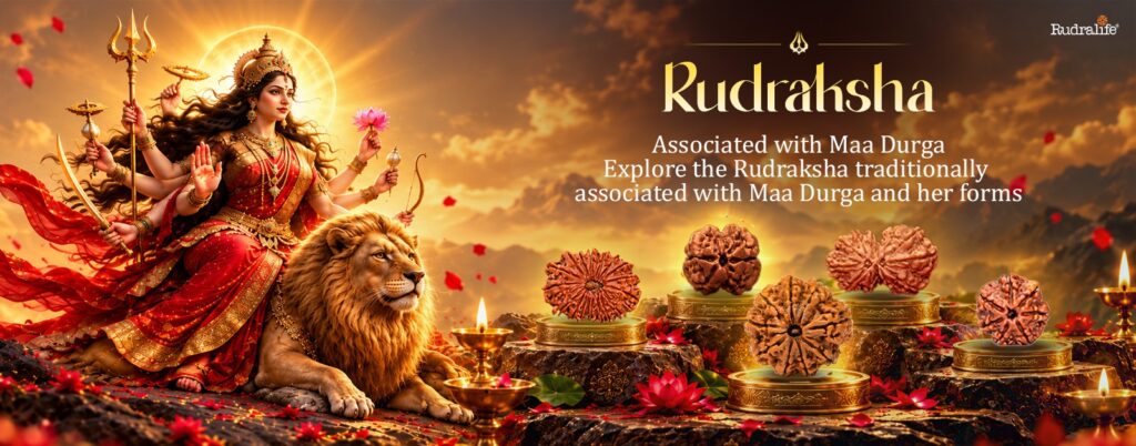 Navdurga Maa Durga with Rudraksha beads traditionally associated with her forms, surrounded by diyas and flowers