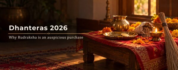 Dhanteras 2026 puja chowki with a brass kalash, gold coins, coriander seeds, a diya, marigolds & a new broom