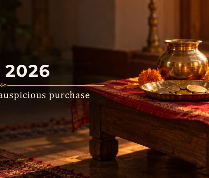 Dhanteras 2026 puja chowki with a brass kalash, gold coins, coriander seeds, a diya, marigolds & a new broom