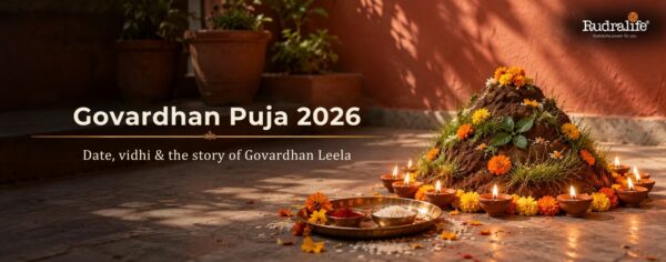 Govardhan Puja 2026 with a cow dung Govardhan hill decorated with marigolds, diyas & a thali of kumkum & rice