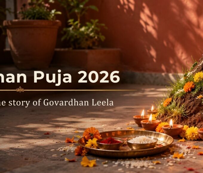 Govardhan Puja 2026 with a cow dung Govardhan hill decorated with marigolds, diyas & a thali of kumkum & rice