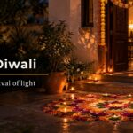How India celebrates Diwali, with diyas & a flower rangoli at a marigold-garlanded home entrance