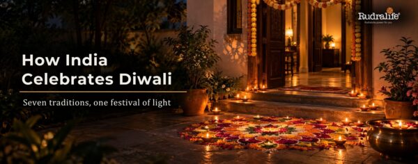 How India celebrates Diwali, with diyas & a flower rangoli at a marigold-garlanded home entrance