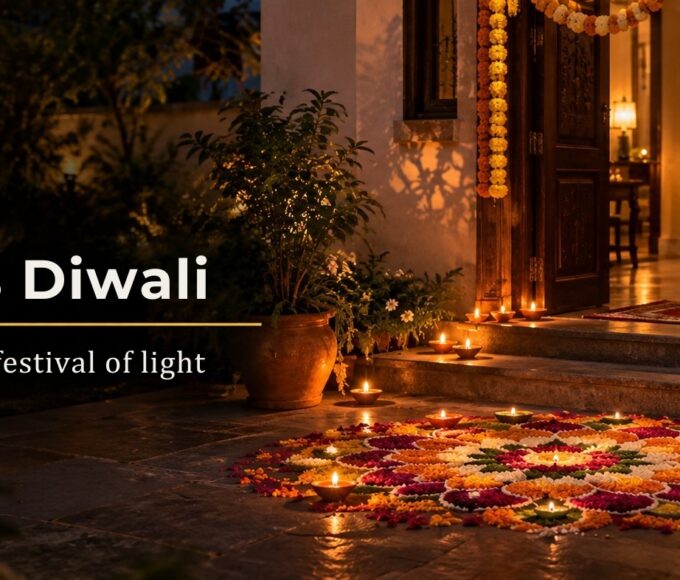 How India celebrates Diwali, with diyas & a flower rangoli at a marigold-garlanded home entrance