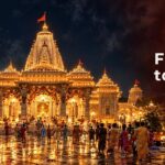 Temple lit with diyas and fireworks for the Dussehra to Diwali season