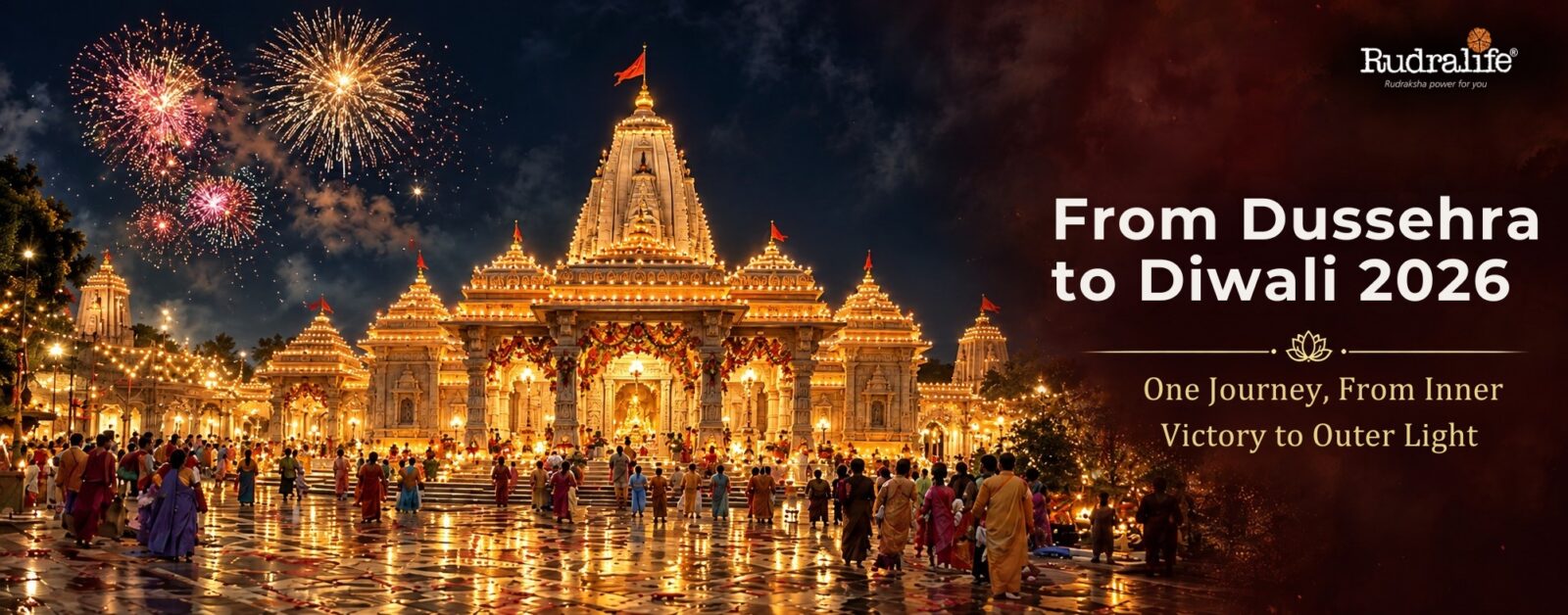 Temple lit with diyas and fireworks for the Dussehra to Diwali season