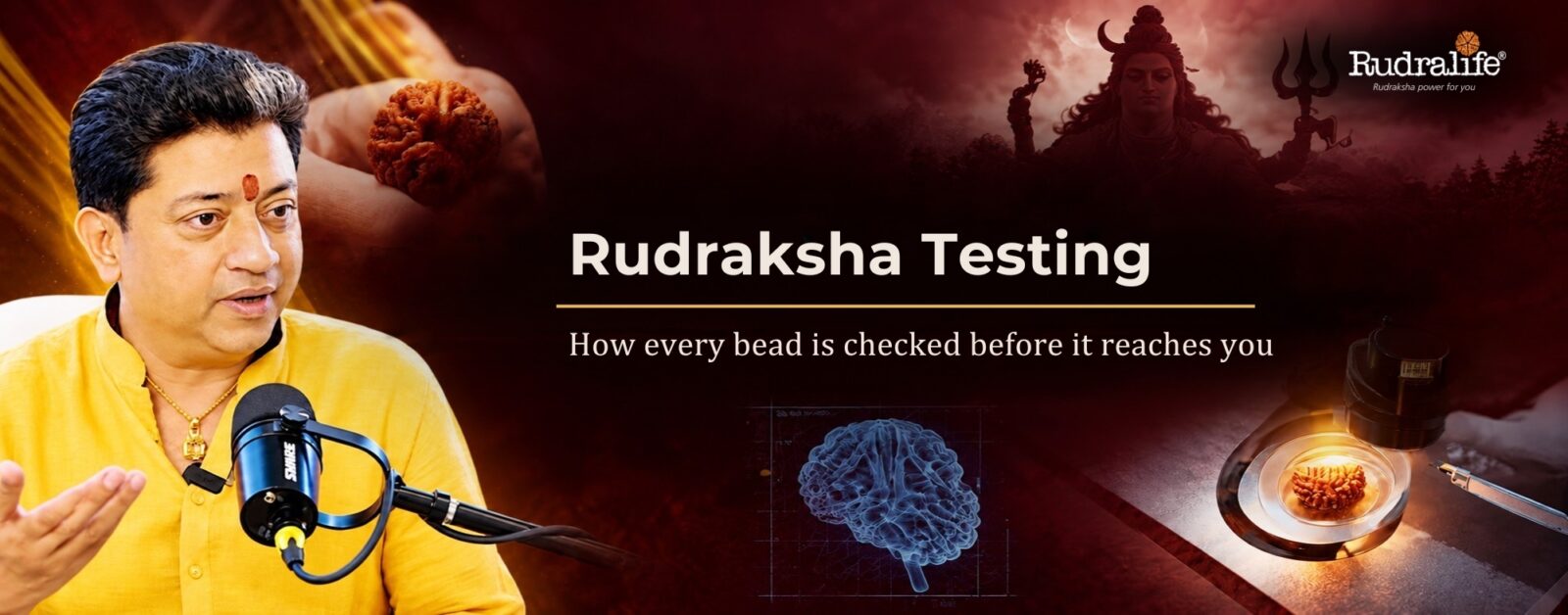 Rudraksha testing explained by Dr. Tanay Seetha on the Rudralife podcast, with a bead under a lab microscope