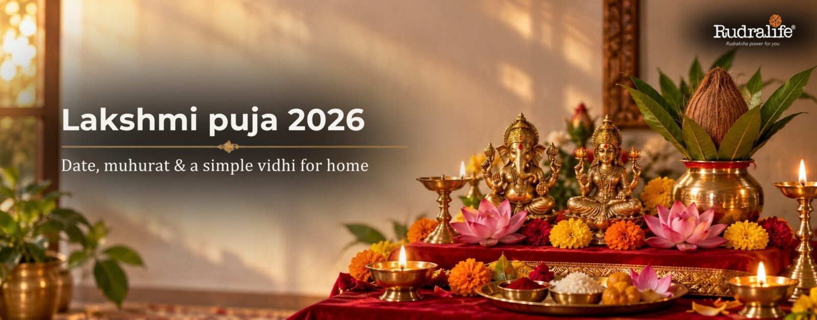 Lakshmi Puja 2026 altar with Ganesha and Lakshmi idols, diyas and kalash