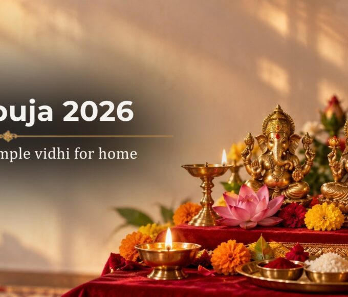 Lakshmi Puja 2026 altar with Ganesha and Lakshmi idols, diyas and kalash