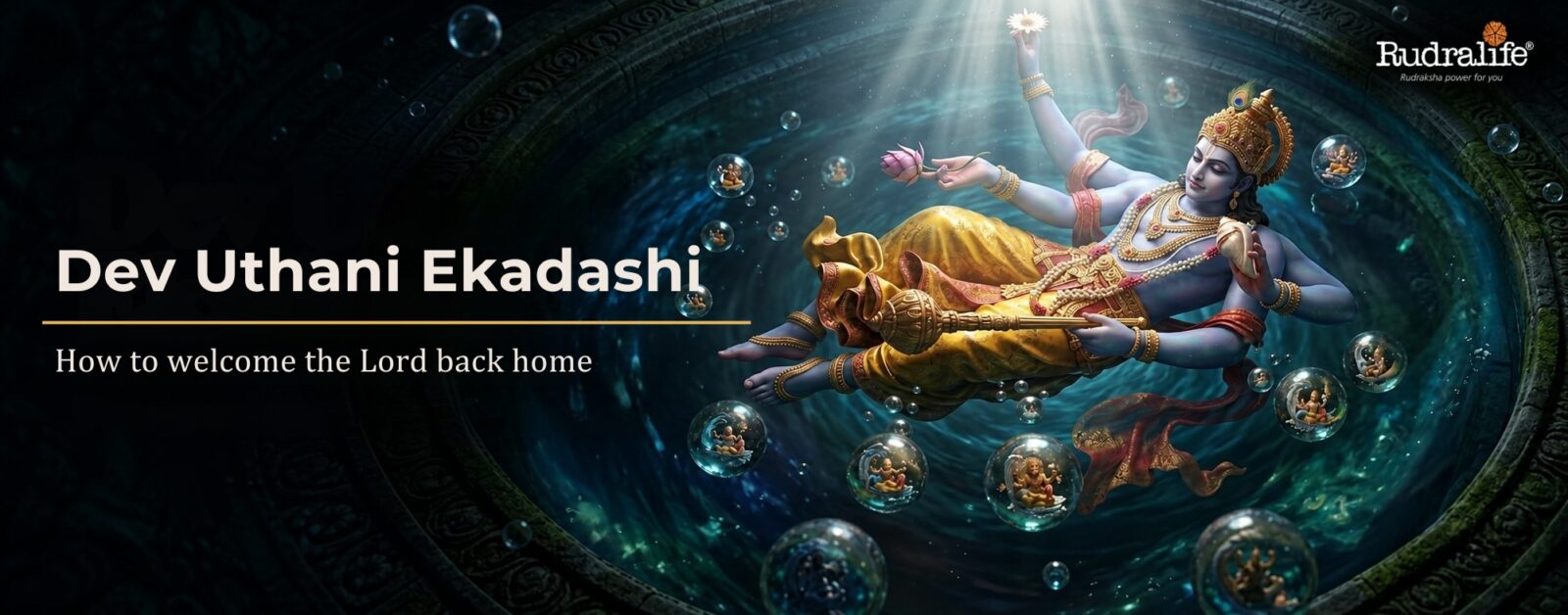 Dev Uthani Ekadashi 2026, Lord Vishnu in yoga nidra in the cosmic ocean, about to wake as Chaturmas ends