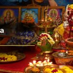 Ghatasthapana at home with kalash, jawara pot and Devi murti on day one of Navratri