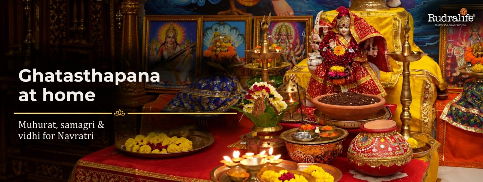 Ghatasthapana at home with kalash, jawara pot and Devi murti on day one of Navratri