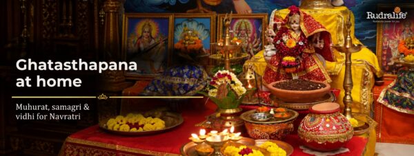 Ghatasthapana at home with kalash, jawara pot and Devi murti on day one of Navratri