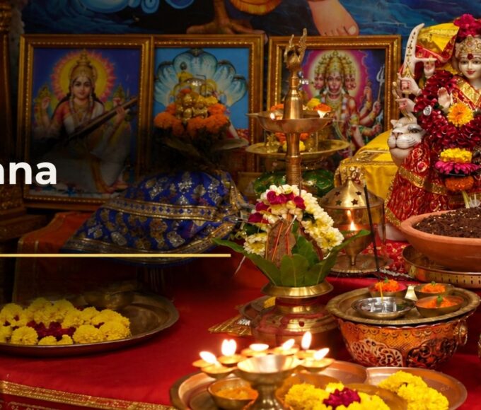 Ghatasthapana at home with kalash, jawara pot and Devi murti on day one of Navratri