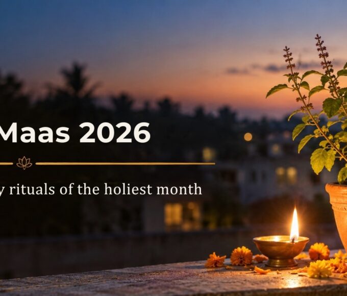 Diya lit beside a tulsi plant at dusk during Kartik maas 2026