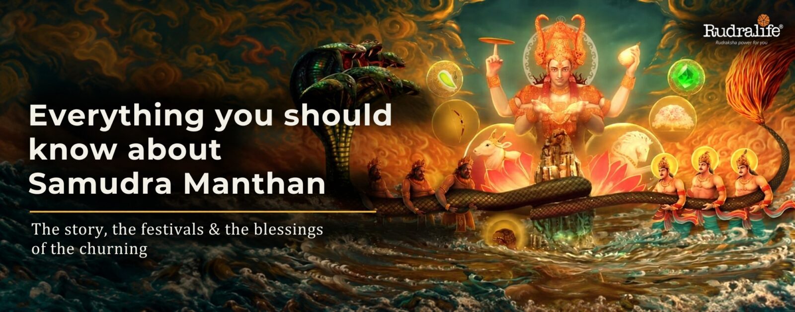 Devas & asuras churning the ocean with Vasuki during Samudra Manthan
