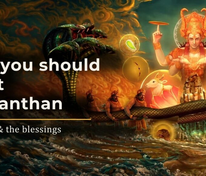 Devas & asuras churning the ocean with Vasuki during Samudra Manthan