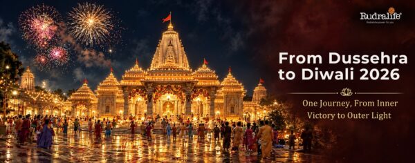 Temple lit with diyas and fireworks for the Dussehra to Diwali season