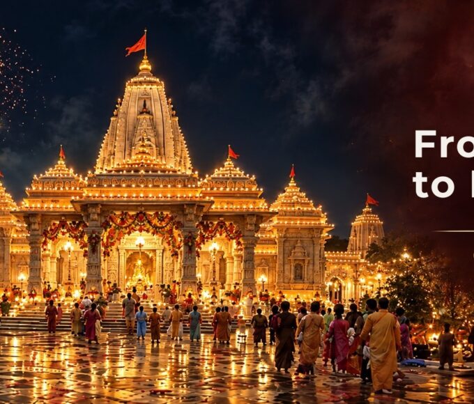 Temple lit with diyas and fireworks for the Dussehra to Diwali season
