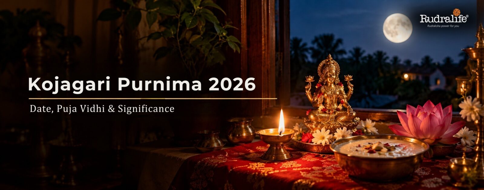 Kojagari Purnima altar with Lakshmi idol, diya and kheer under the full moon