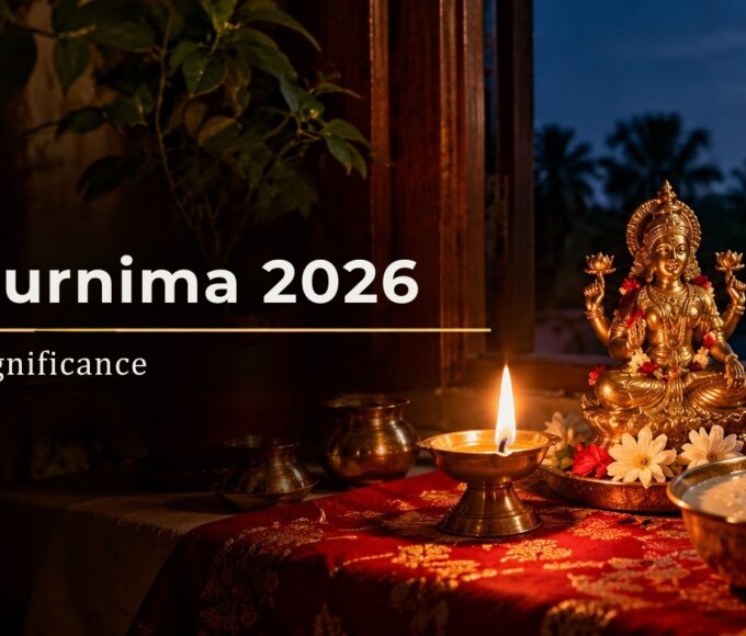 Kojagari Purnima altar with Lakshmi idol, diya and kheer under the full moon